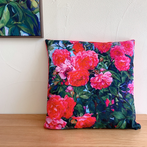絵画のクッションカバー　45×45 「roses garden 」薔薇 1枚目の画像
