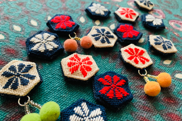 Kogin-zashi Lens Cap Strap 紅花【相機鏡頭營☺︎刺繡☺︎單鏡頭反光相機】Chesky Pompom 第9張的照片