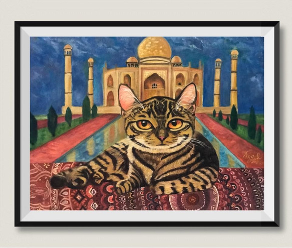 サンタネコ　　油絵　アーティスト作品 曼荼羅の絨毯に乗った貴族の猫/手作りの油絵/油絵の作成-あなた