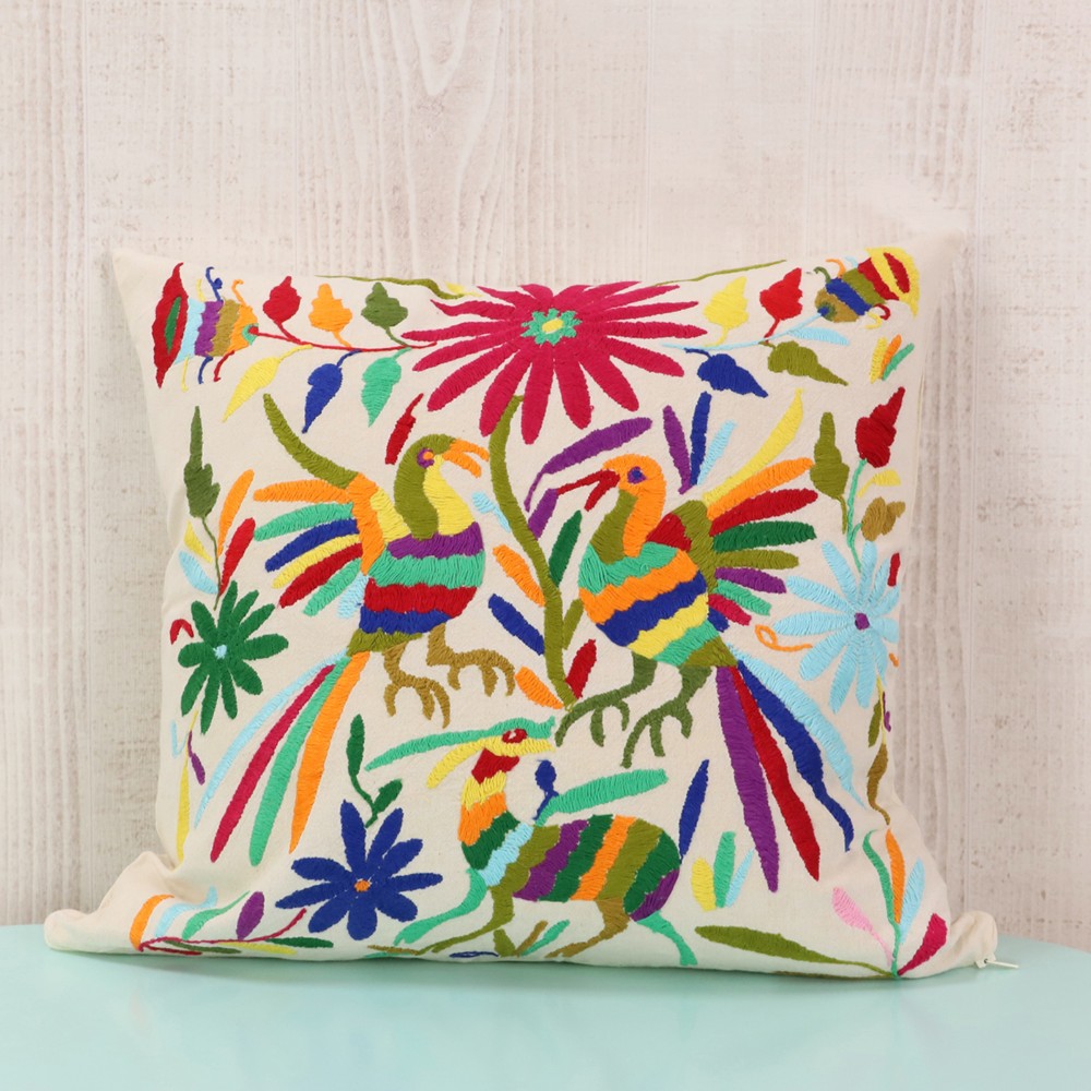 新品＊クッションカバー＊大きい＊グレー＊動物＊植物＊花＊オトミ刺繍＊メキシコ雑貨 新品＊クッションカバー＊大きい＊グレー＊動物＊植物＊花＊オトミ