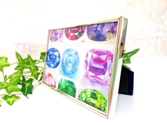 宝石アートフォトフレーム　9種の宝石たちを散りばめたポストカード置き型フレーム付　アクアマリン、ブルーサファイアetc 3枚目の画像