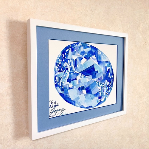 宝石アート ブルートパーズ 水彩画 ＜原画＞青い空を閉じ込めた宝石を