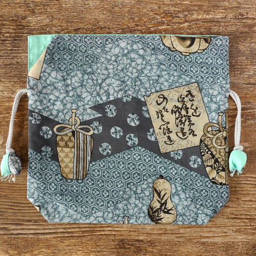 アンティーク】巾着袋 幸せになるFUGURO めでた尽くし 中サイズ 着物