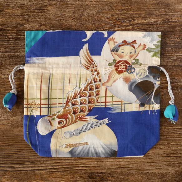 [古董] 和服浴衣抽繩包 FUGURO 帶來幸福 &lt;金太郎和鯉魚旗&gt; 中號 第2張的照片