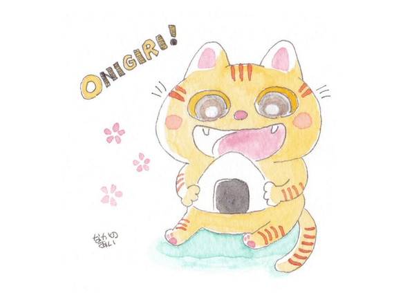 ミニ額入り水彩原画「もぐもぐおにぎり猫・茶トラさん」 1枚目の画像