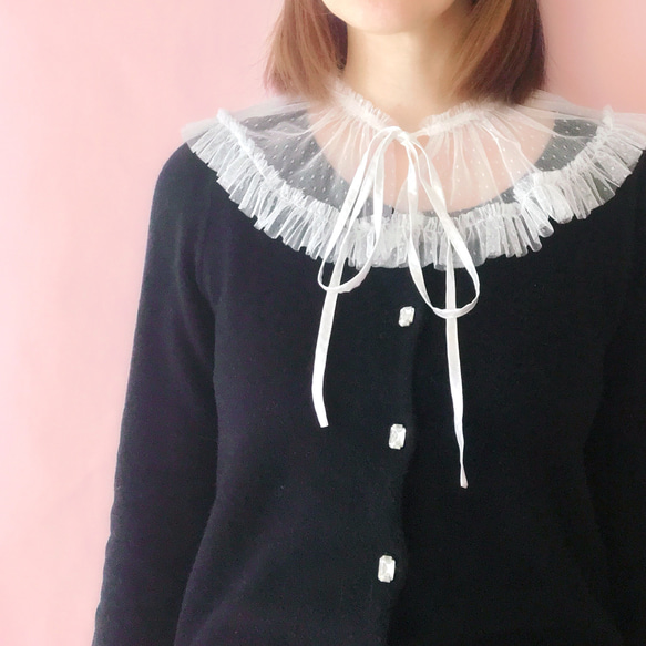 假領 [NIGHTIE(white)] Tulle Frill Ribbon Polka Dot 第5張的照片