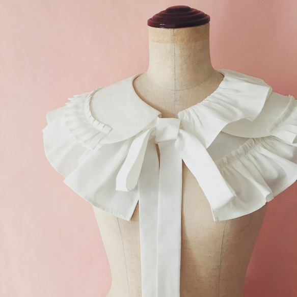 假領 [MISHMASH] Frill Ribbon Pleats White 第1張的照片