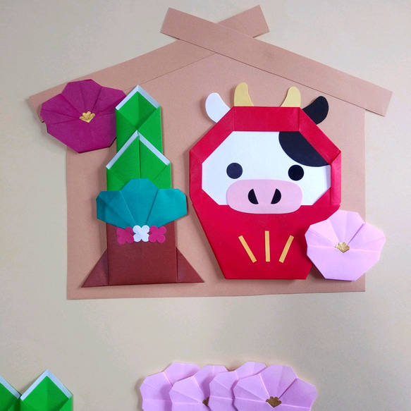 壁面飾り　折り紙　製作　キット　5組セット　お正月　牛 4枚目の画像