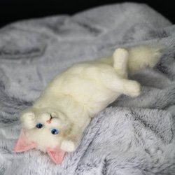 ☆マリンの家☆羊毛フェルト　猫　 白猫～ゴロゴロポーズ　ハンドメイド　ねこ　ネコ　フェルト猫　　羊毛フェルト猫 3枚目の画像
