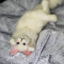 ☆マリンの家☆羊毛フェルト　猫　 白猫～ゴロゴロポーズ　ハンドメイド　ねこ　ネコ　フェルト猫　　羊毛フェルト猫 7枚目の画像