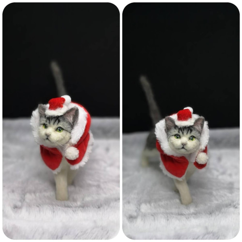 羊毛フェルト　猫サンタ　猫ポーチ　クリスマス