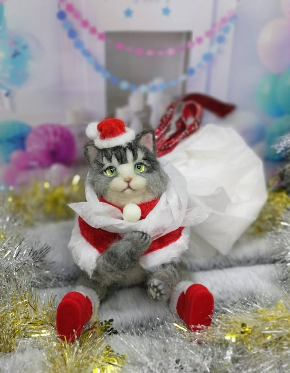 羊毛フェルト　猫サンタ　猫ポーチ　クリスマス