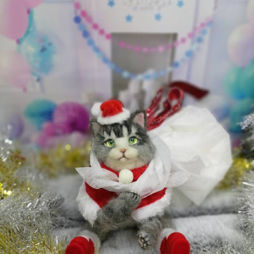 羊毛フェルト 三毛猫~サンタバージョン 猫 ハンドメイド ねこ 羊毛フェルト 三毛猫~サンタバージョン 猫 ハンドメイド ねこ