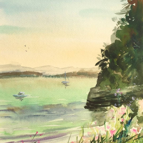 水彩画「雲行きの怪しい」 Watercolor painting cherry blossoms along the river - 川沿い