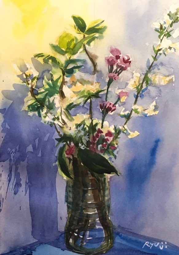 水彩画】「赤い花・白い花」 F4：332×242 mm 絵画
