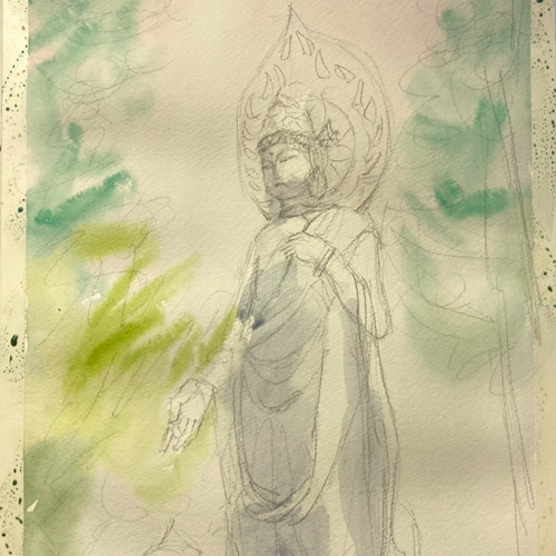 水彩画】原画「一言観音菩薩像」 F4：332×242 mm 絵画