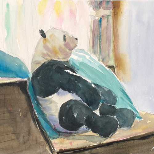【日本限定モデル】 水彩画】原画「Panda」F4：242×332mm #パンダ #ぬいぐるみ 絵画 絵画