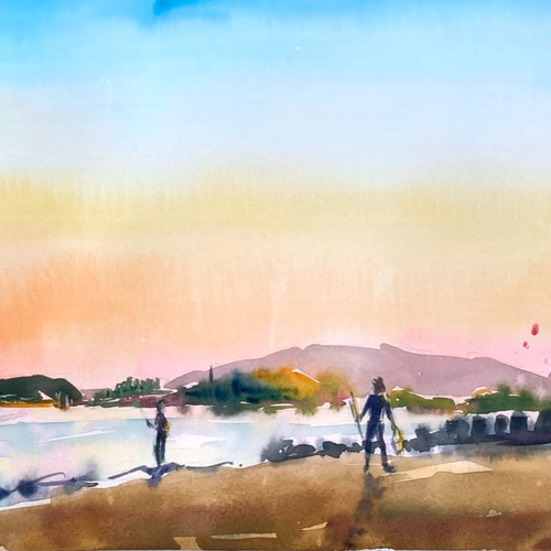 お気に入りの 水彩画】原画「 夕暮れの海岸 #海岸 #夕暮れ mm 」F4：242×332 絵画