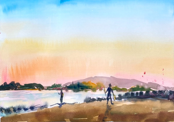 海辺の小さい家の風景 水彩画 原画 はずれる