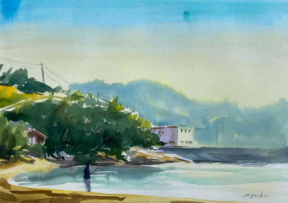 油絵 「秋の光の中で」F4 額付 原画 水彩画】原画「 日の出 」F4：242