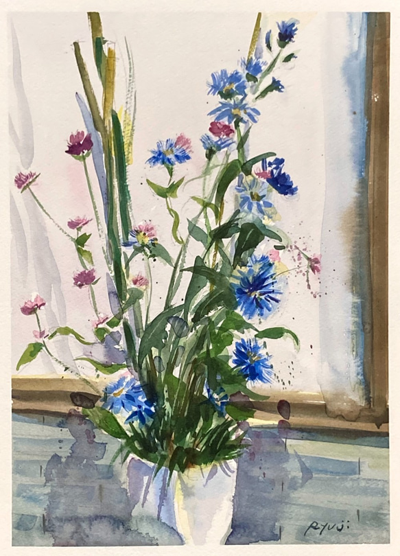 水彩画　優しい花の絵　私の誕生日 優しい花の水彩画ー春の花、ピンクのハナミズキとコガラ 絵画