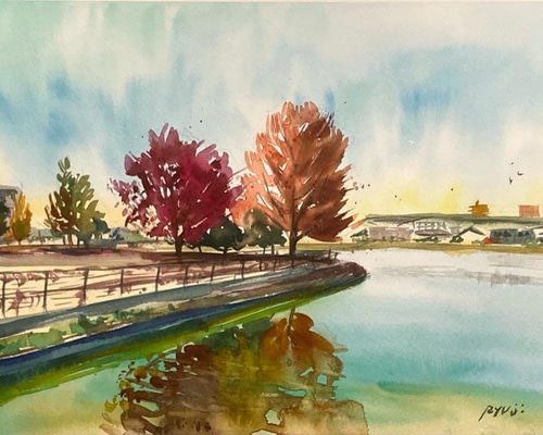 絵画「鴨の池の午後」　水彩画 絵画「鴨の池の午後」 水彩画 - メルカリ