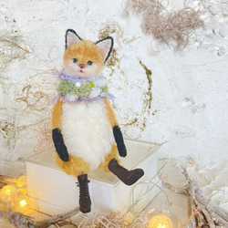 冬の白キツネさん 羊毛フェルト テディベア ハンドメイド 羊毛フェルト