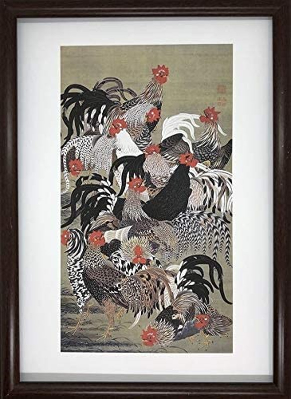 伊藤若冲 『動植綵絵』の内「群鶏図」A4 ポスター 輸送用 額付き