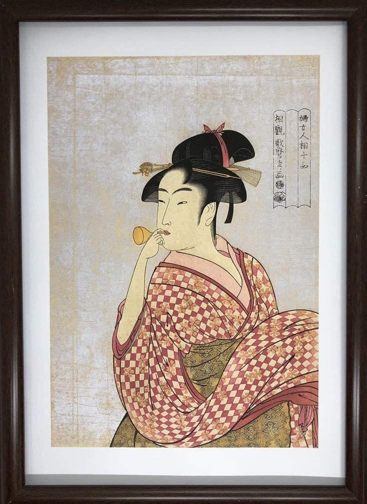 喜多川歌麿 浮世絵 ビードロを吹く女　額縁付 Amazon.co.jp: 浮世絵 喜多川歌麿 ビードロを吹く娘（びーどろを