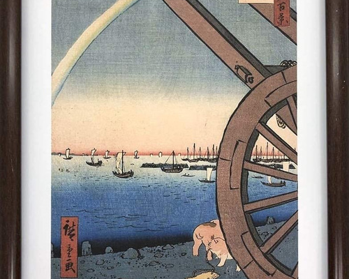 歌川広重 名所江戸百景 高輪うしまち A4 ポスター 輸送用 額付き