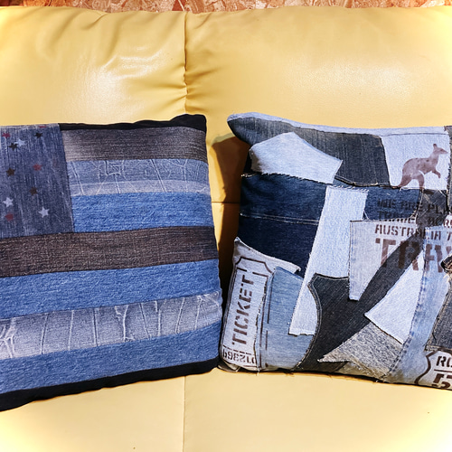 デニムクッションカバー ハンドメイド リメイク クッション