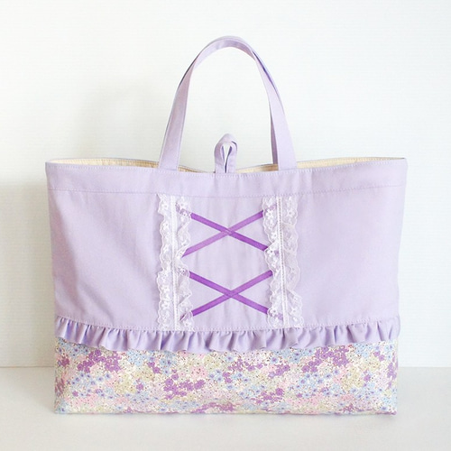 ゆめかわ♡フリルレース 花柄 リボン 編み上げ レッスンバッグ 内布