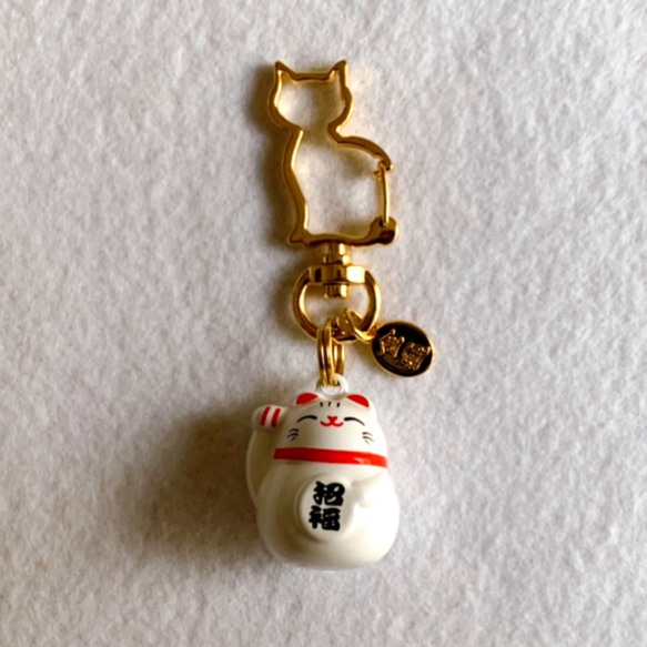 縁起物 水琴鈴 キーホルダー 招き猫 白 小判 キーリング 🦮ストラップ