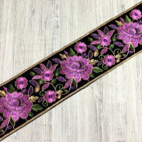 インド刺繍リボン ベルベット黒 紫 花 手芸テープ 薔薇 ローズ