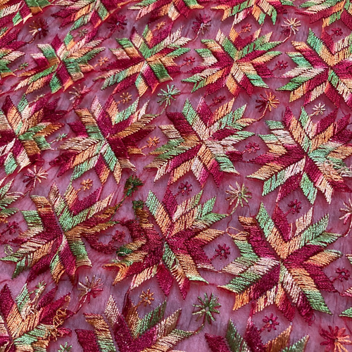 インド刺繍布ドゥパタ 赤 エスニック生地 ヴィンテージレース