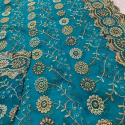 インド刺繍布 ドゥパタ ダンス 衣装 エスニック 青 ターコイズブルー 花 生地 10枚目の画像