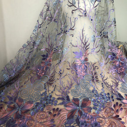 刺繍チュール 紫レース 花刺繍 アンティークカーテン 生地 マーメイド 人魚姫 1枚目の画像
