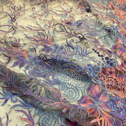 刺繍チュール 紫レース 花刺繍 アンティークカーテン 生地 マーメイド 人魚姫 6枚目の画像