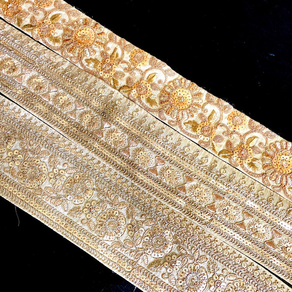 インド刺繍リボンセット ベージュ ゴールド 金 生成り 花 ひまわり プリンセス 2枚目の画像