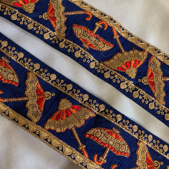 インド刺繍リボン 傘 エスニック アジアン 紺色 金 ゴールド メンズ 
