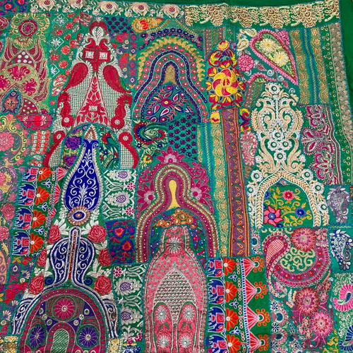 パッチワーク　掛布　ラリーキルト　風　ラグ　古布　ハンドメイド カンタ刺繍 ラリーキルト インドの古布210×152cm パープル系の