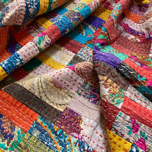 ꕥ H.Hꕥヴィンテージラリーキルト刺繍フリンジジャガードマルチカバーラグ パッチワーク カバー ラグ 敷物 布団カバー 刺し子 手刺繍