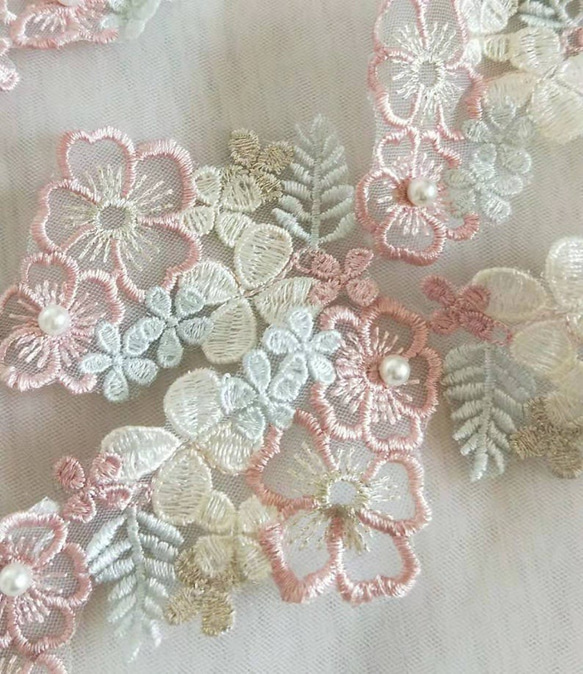 刺繍レース 白 ピンク パール 花 リボン プリンセス チロリアンテープ 手芸 2枚目の画像