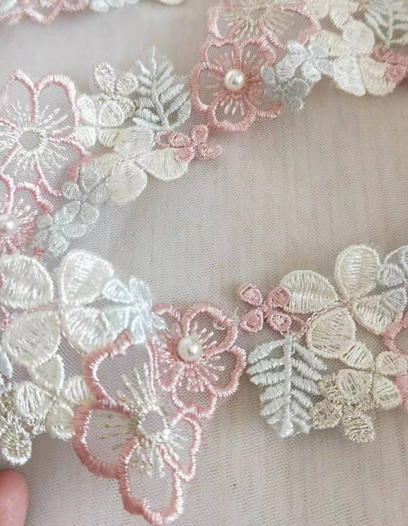 刺繍レース 白 ピンク パール 花 リボン プリンセス チロリアンテープ 手芸 7枚目の画像