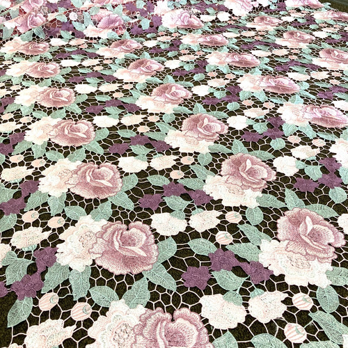 刺繍レース 鍵編み 薔薇 ピンク 紫 花刺繍 生地 布 ドレス