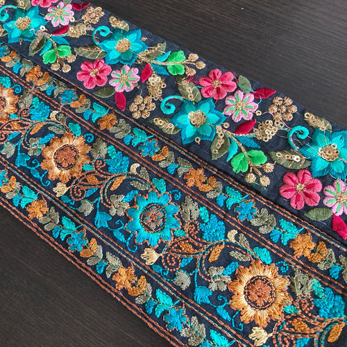 インド刺繍リボンセット ターコイズブルー 青 花 チロリアンテープ 