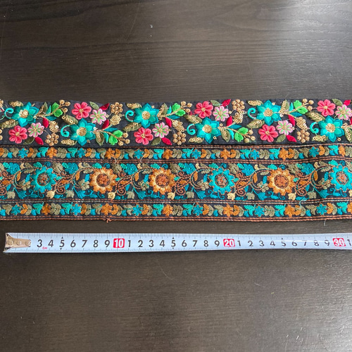 インド刺繍リボンセット ターコイズブルー 青 花 チロリアン