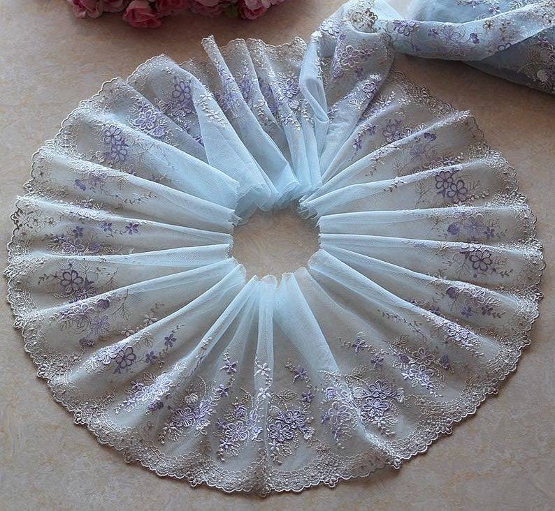 60㎝ くすみ水色 花 チュールレース 刺繍④ （高品質❣ 1m 水色