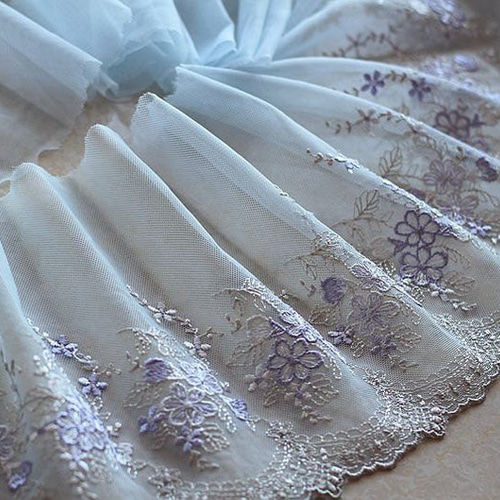 刺繍レース 水色 薄紫 シルバー 花 ヴィンテージ チュールレース