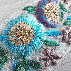 インド刺繍リボン 水色 青 チュールレース アンティーク花刺繍 手芸テープ 北欧 オーガンジー シルク ベルト 金 8枚目の画像